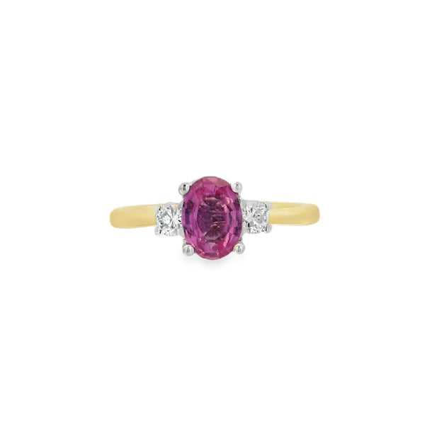 Pink Sapphire & Diamond 3 Stone 18ct Yellow Gold Ring