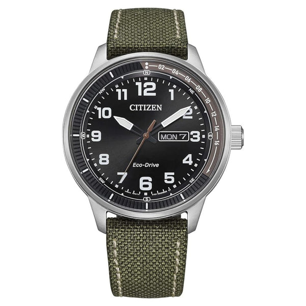 Citizen Eco-Drive Green Strap Black Dial 42mm Watch BM8590-10E