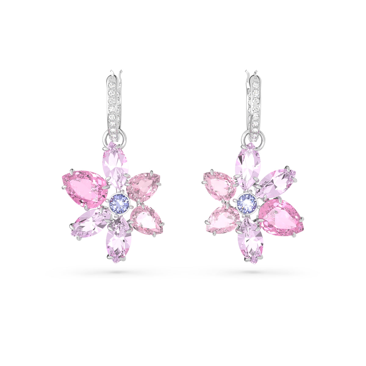 Swarovski Gema drop earrings, Mixed cuts, Flower, Pink, Rhodium plated