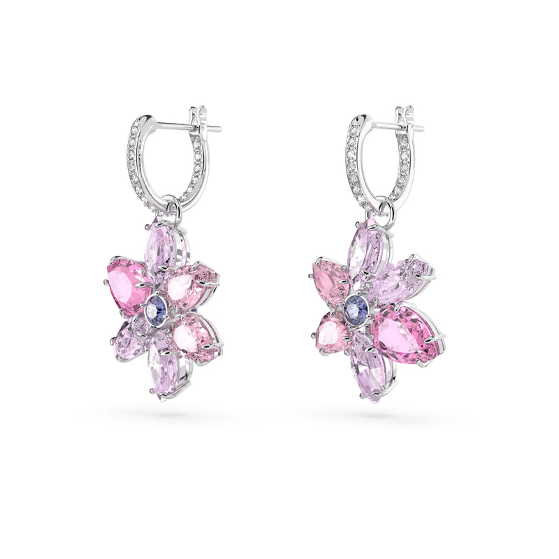 Swarovski Gema drop earrings, Mixed cuts, Flower, Pink, Rhodium plated