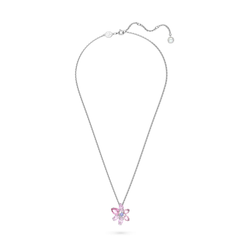 Swarovski Gema pendant, Mixed cuts, Flower, Pink, Rhodium plated