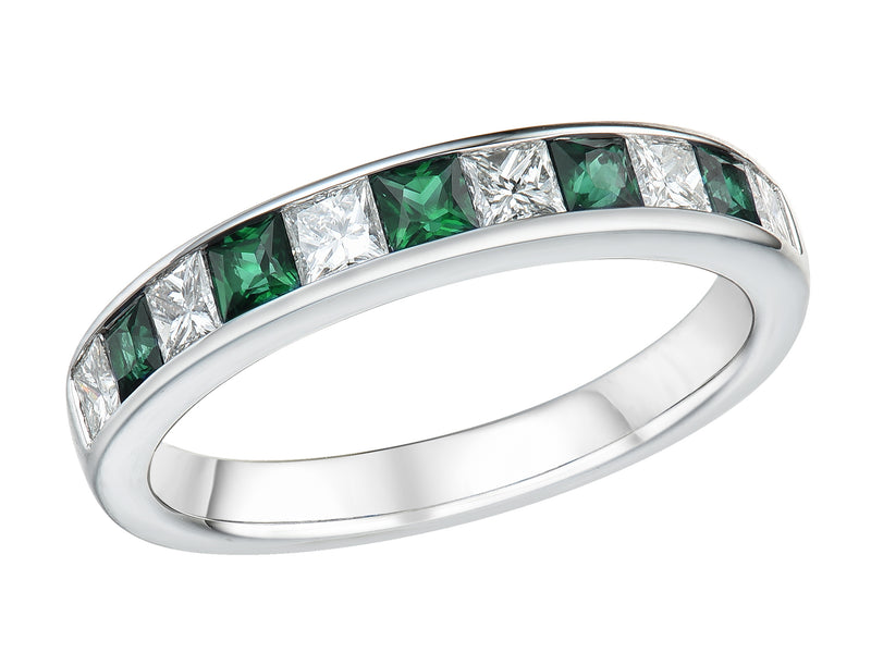 Emerald & Diamond Princess Cut Platinum Eternity Ring