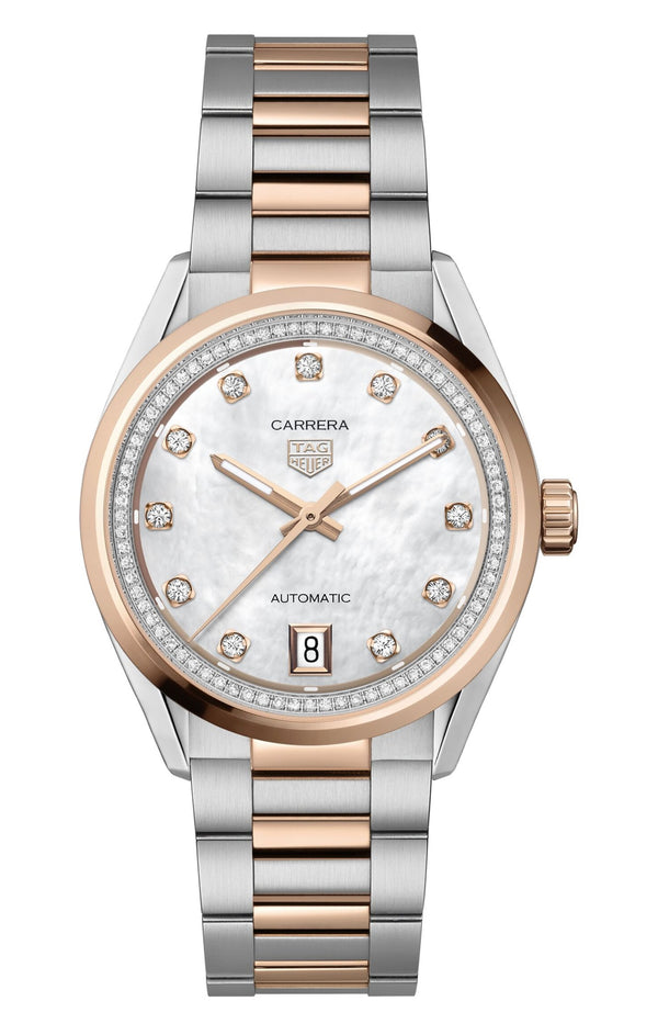 Tag Heuer Carrera Date Automatic Two Tone MOP Diamond Dial 36mm Watch WBN2351.BA0000