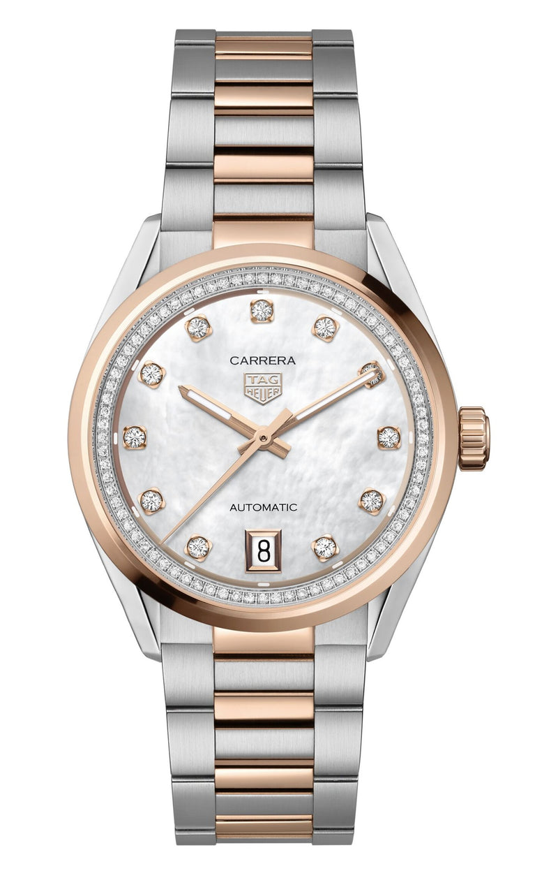 Tag Heuer Carrera Date Automatic Two Tone MOP Diamond Dial 36mm Watch WBN2351.BA0000