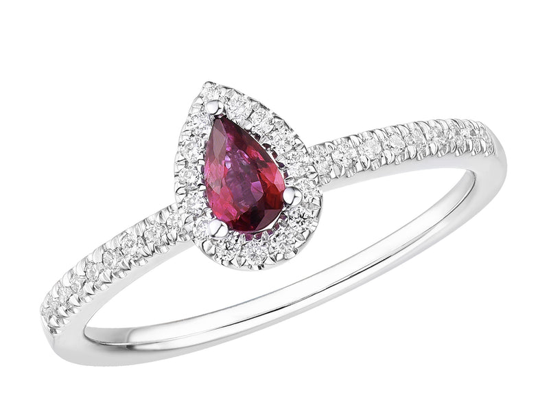 Ruby & Diamond Pear Halo 18ct White Gold Ring