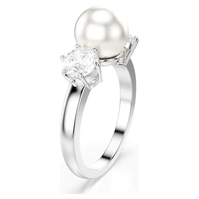 Swarovski Matrix cocktail ring, Crystal pearl, Round cut, White, Rhodium plated