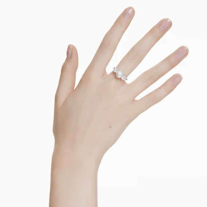 Swarovski Matrix cocktail ring, Crystal pearl, Round cut, White, Rhodium plated
