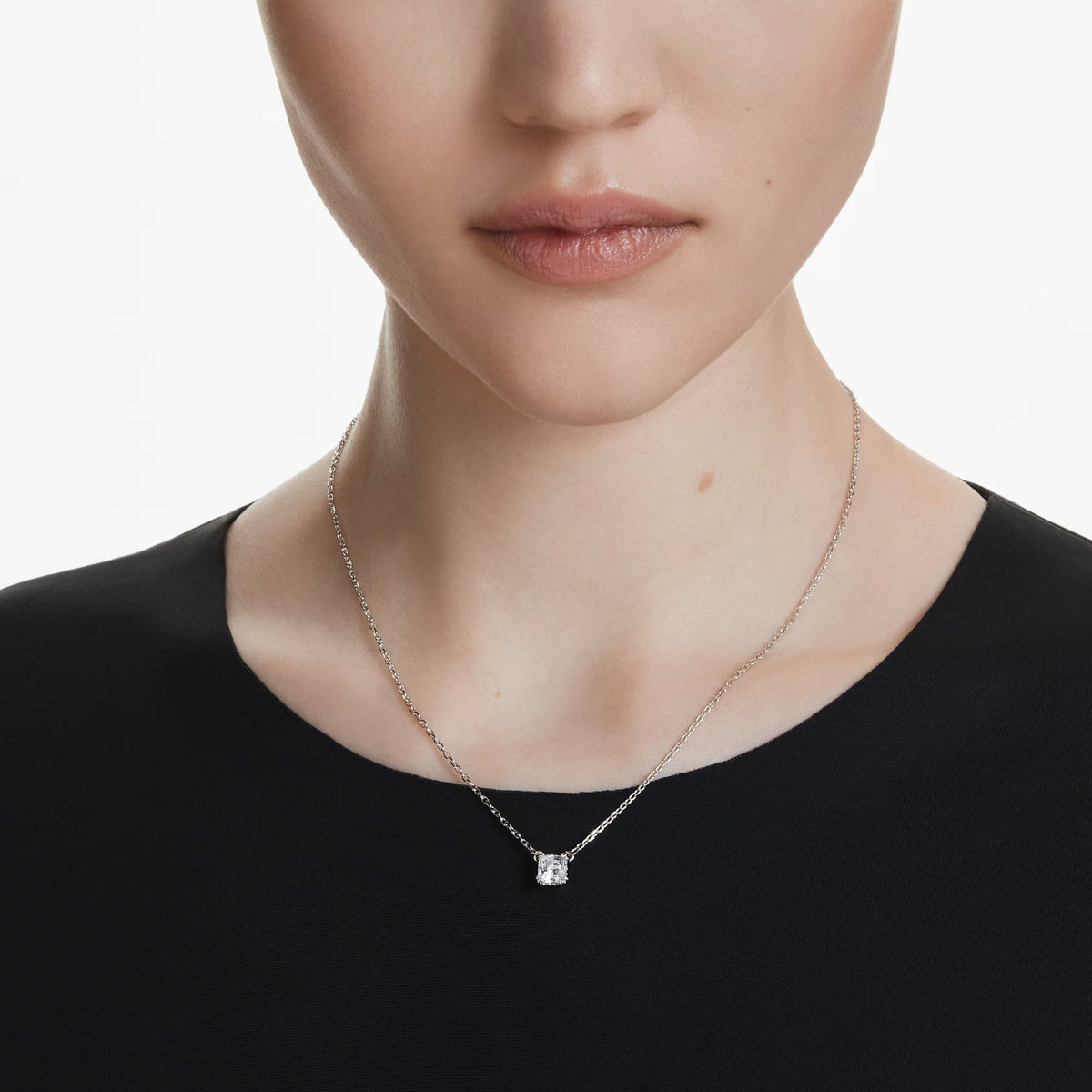 Swarovski Stilla pendant, Square cut, White, Rhodium plated
