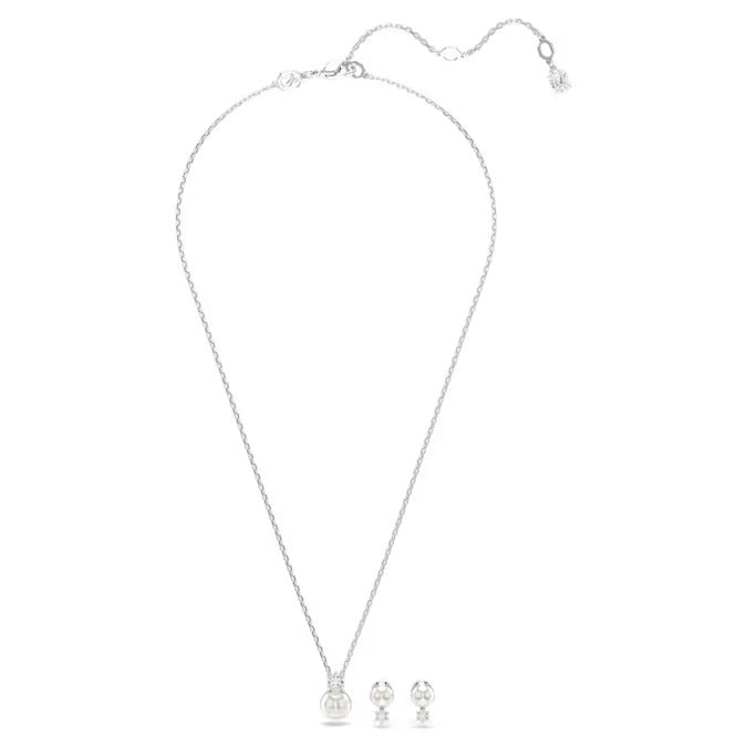 Swarovski Matrix set, Crystal pearl, Round cut, White, Rhodium plated
