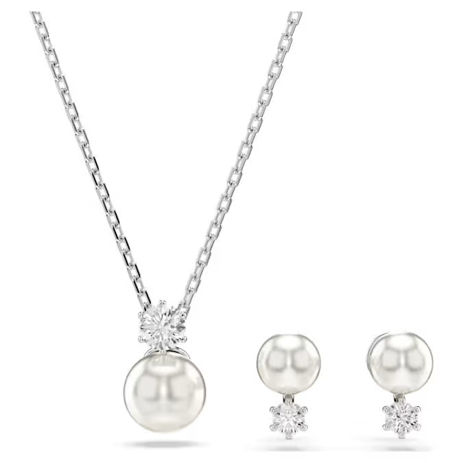 Swarovski Matrix set, Crystal pearl, Round cut, White, Rhodium plated