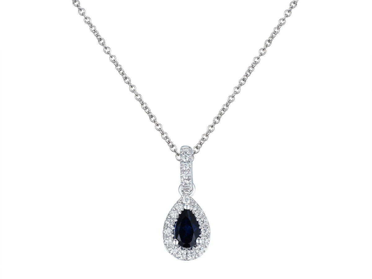 Sapphire & Diamond Pear Halo 18ct White Gold Pendant