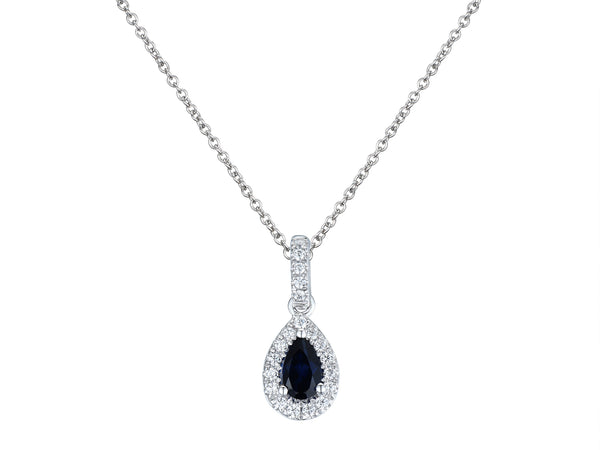 Sapphire & Diamond Pear Halo 18ct White Gold Pendant