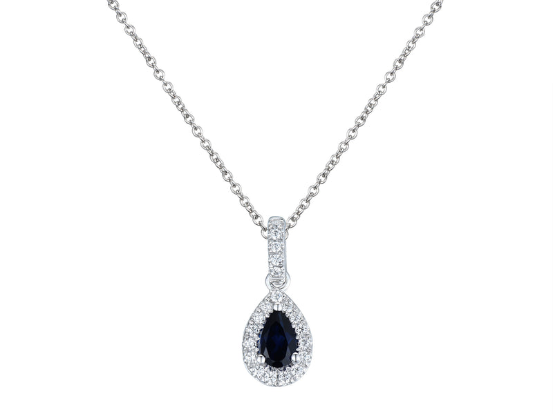 Sapphire & Diamond Pear Halo 18ct White Gold Pendant