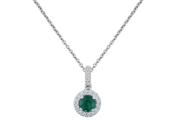 Emerald & Diamond Round Halo 18ct White Gold Pendant