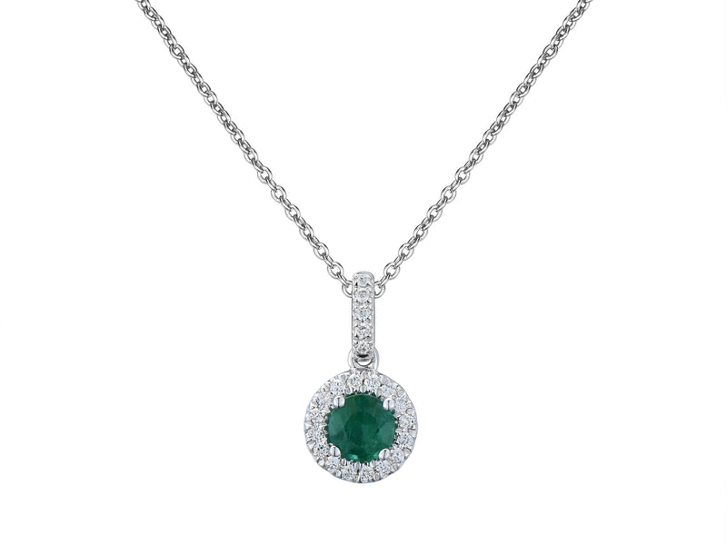 Emerald & Diamond Round Halo 18ct White Gold Pendant
