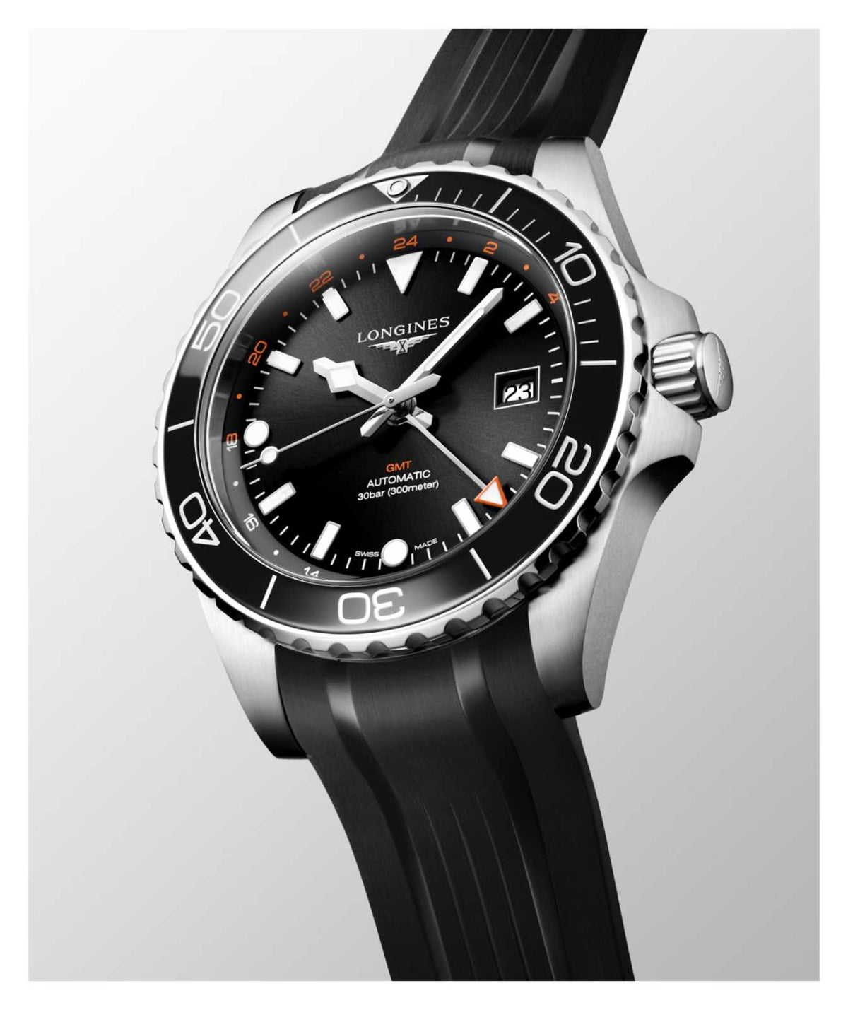Longines HydroConquest GMT Black 43mm Rubber Strap Watch L3.890.4.56.9