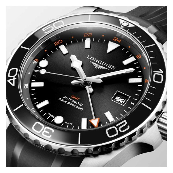 Longines HydroConquest GMT Black 43mm Rubber Strap Watch L3.890.4.56.9