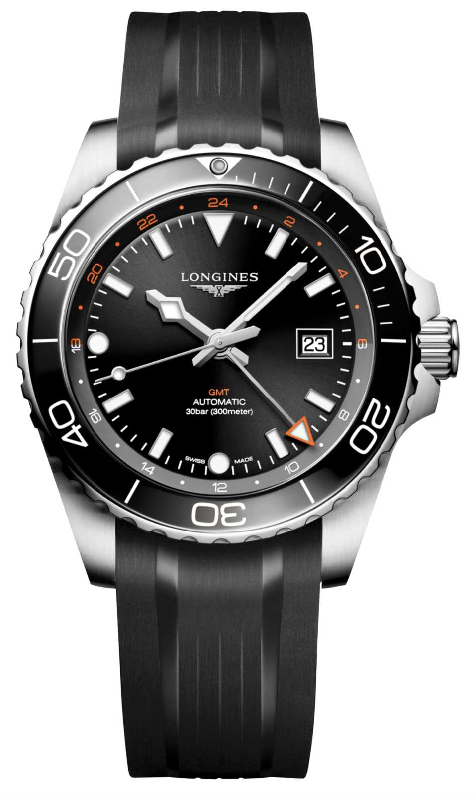 Longines HydroConquest GMT Black 43mm Rubber Strap Watch L3.890.4.56.9