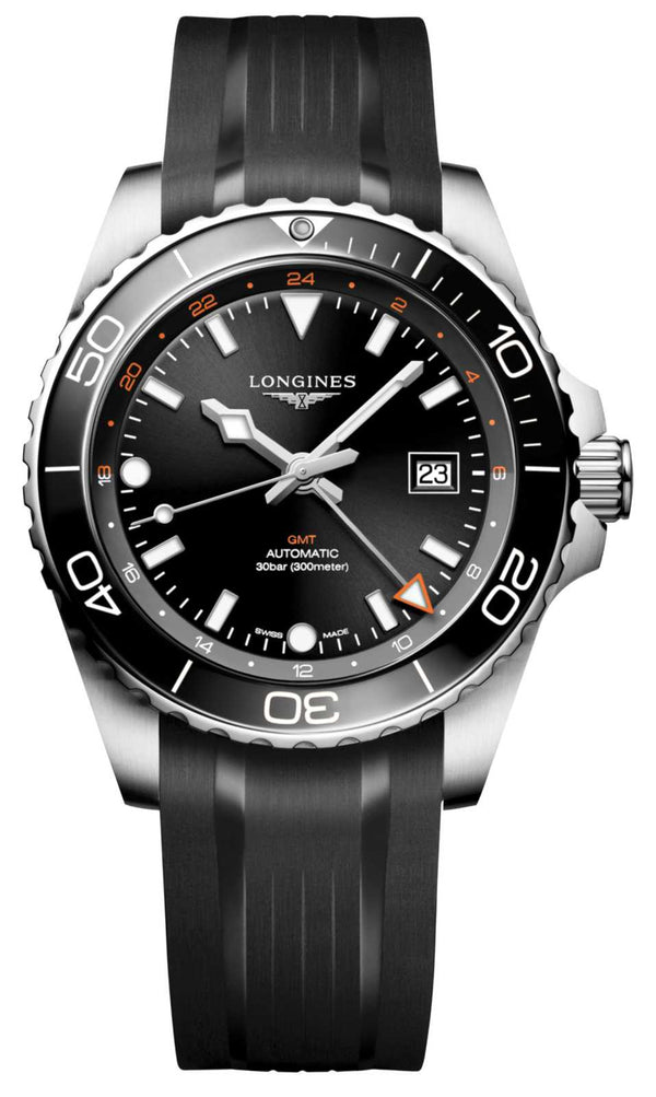Longines HydroConquest GMT Black 43mm Rubber Strap Watch L3.890.4.56.9