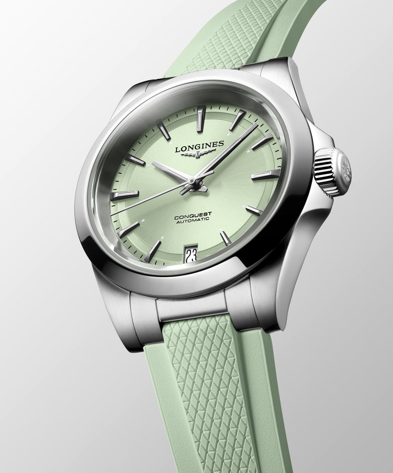 Longines Conquest Automatic Mint Green Rubber Strap 34mm Watch L3.430.4.02.9