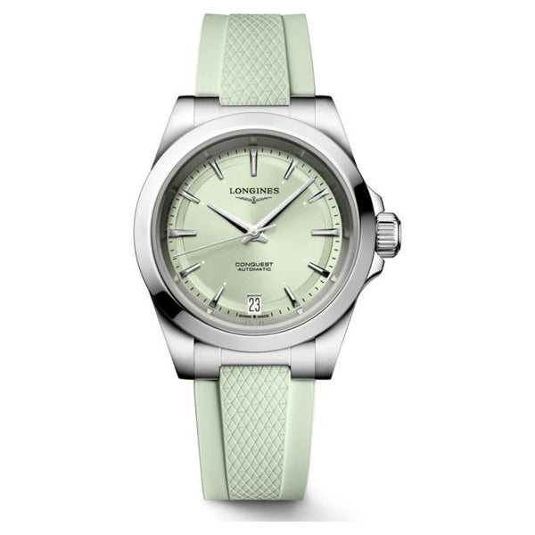 Longines Conquest Automatic Mint Green Rubber Strap 34mm Watch L3.430.4.02.9