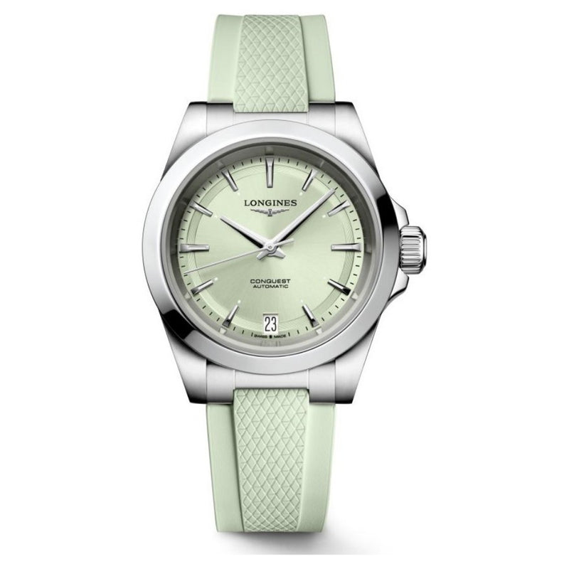 Longines Conquest Automatic Mint Green Rubber Strap 34mm Watch L3.430.4.02.9