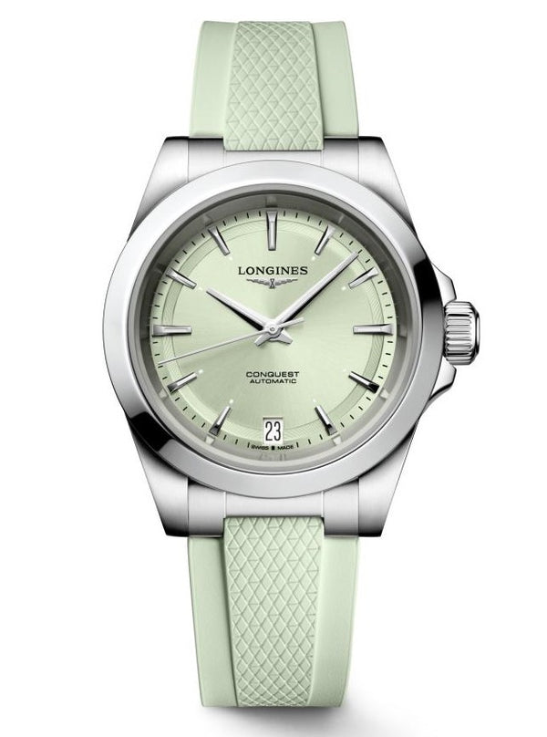Longines Conquest Automatic Mint Green Rubber Strap 34mm Watch L3.430.4.02.9