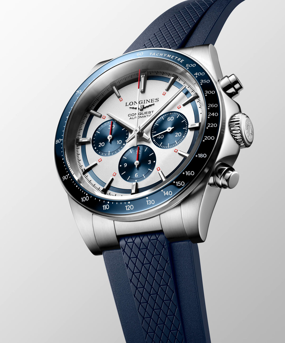 Longines Conquest Automatic Chronograph Silver & Blue Rubber Strap 42mm Watch L3.835.4.98.9