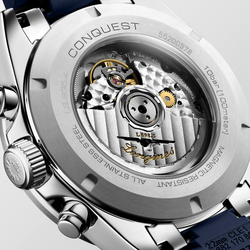 Longines Conquest Automatic Chronograph Silver & Blue Rubber Strap 42mm Watch L3.835.4.98.9