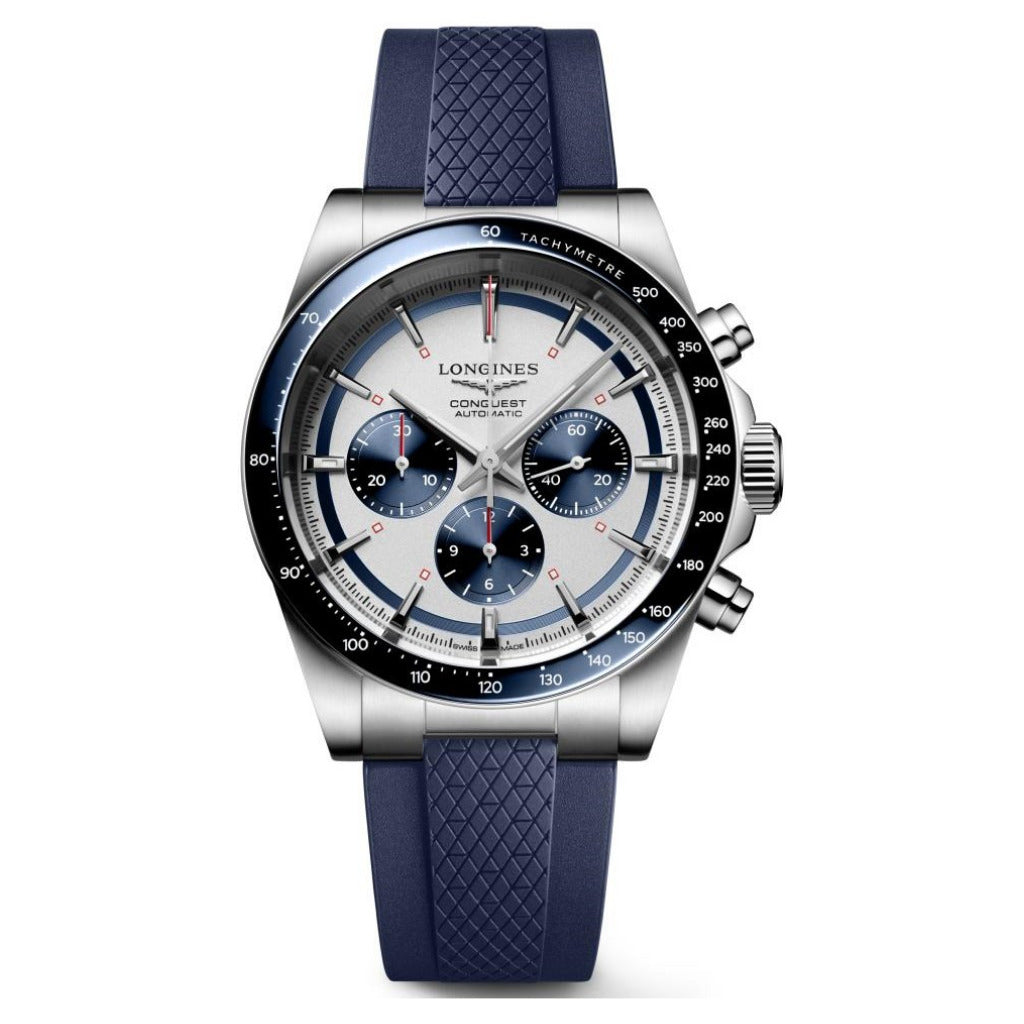 Longines Conquest Automatic Chronograph Silver & Blue Rubber Strap 42mm Watch L3.835.4.98.9