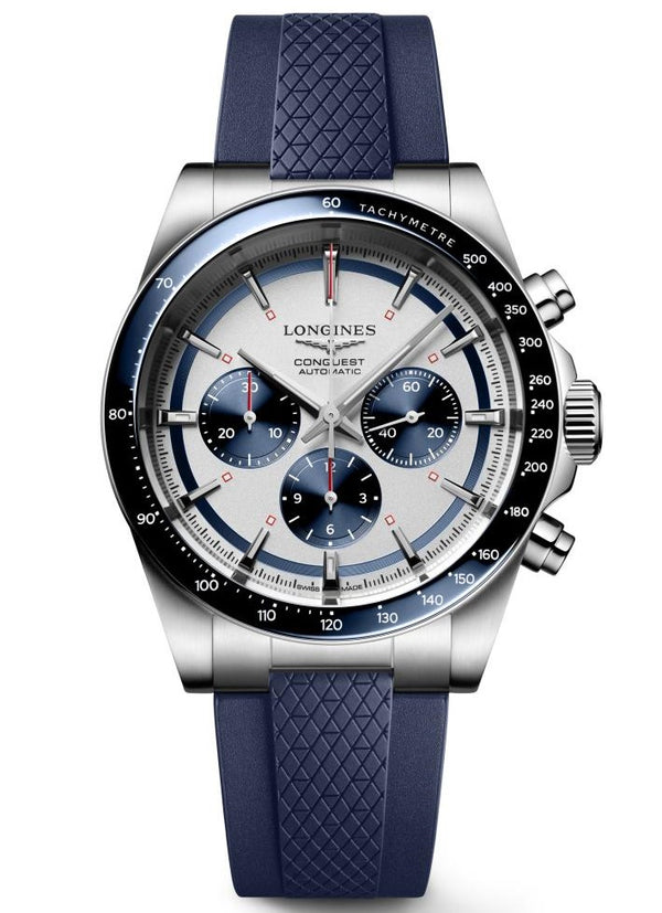 Longines Conquest Automatic Chronograph Silver & Blue Rubber Strap 42mm Watch L3.835.4.98.9