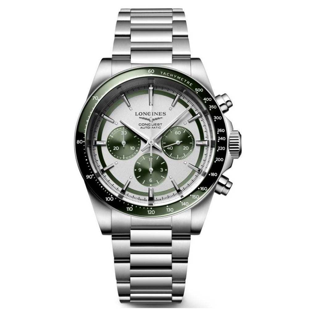 Longines Conquest Automatic Chronograph Silver & Green Dial 42mm Watch L3.835.4.02.6