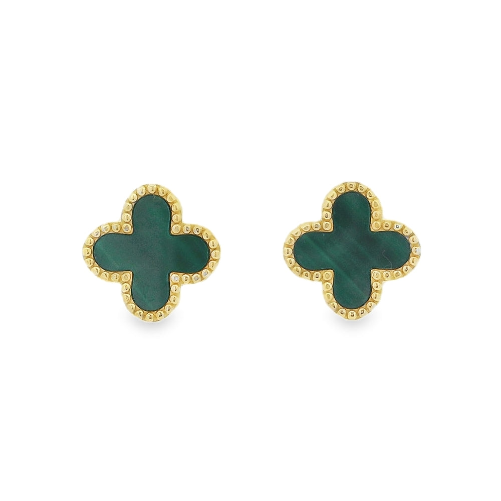Malachite Clover 9ct Yellow Gold Earrings