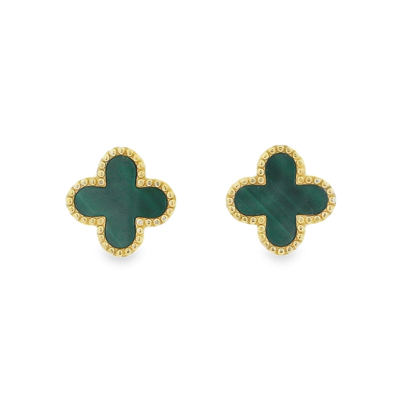 Malachite Clover 9ct Yellow Gold Earrings