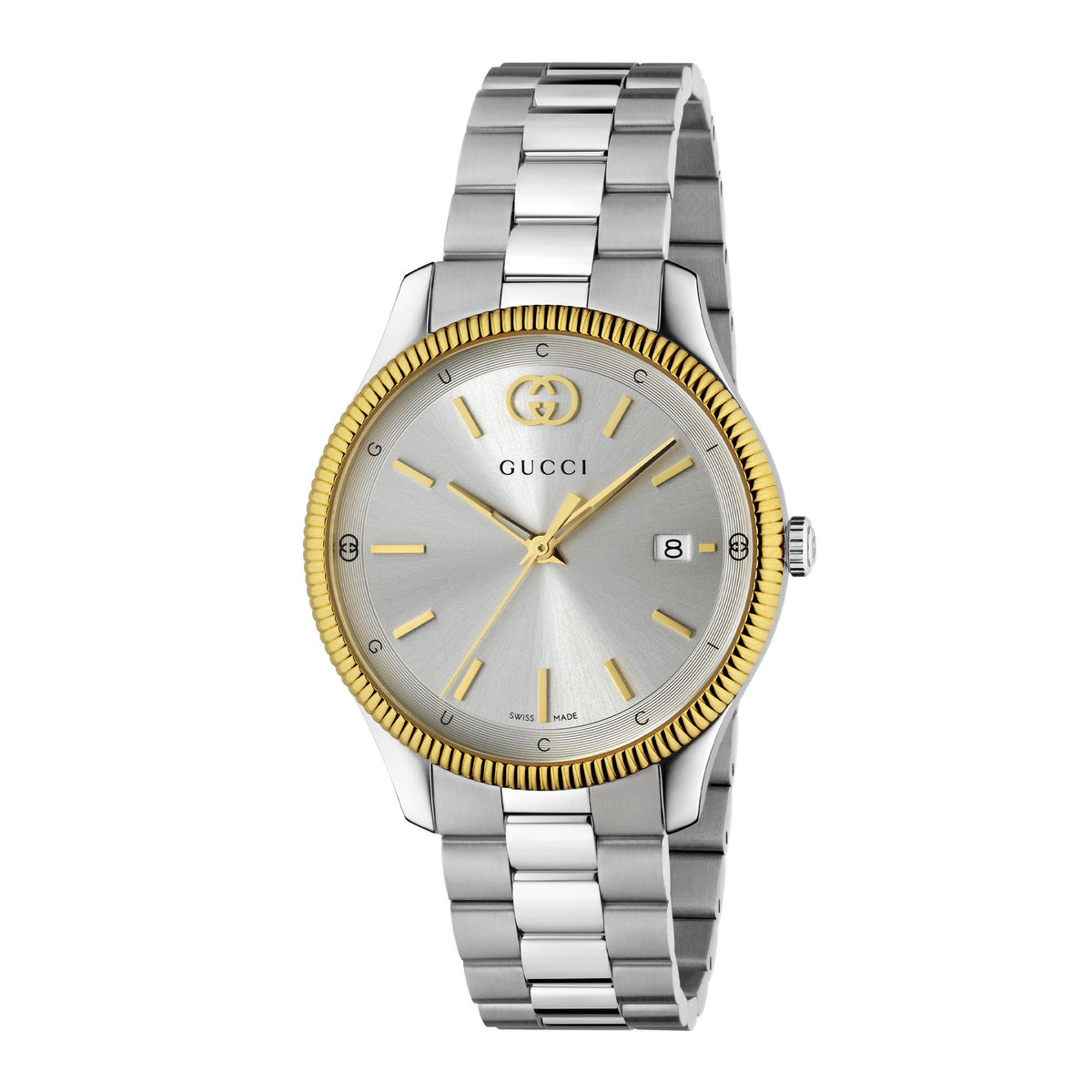 GUCCI G-Timeless Silver Dial, Gold Plated Bezel 38mm Watch YA1264233