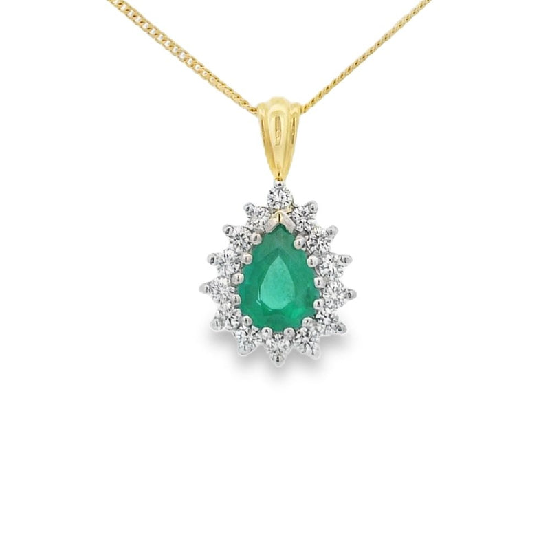 Emerald and Diamond Pear Shape Cluster 18ct Yellow & White Gold Pendant