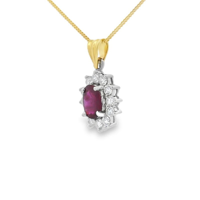 Ruby and Diamond Oval Shape Cluster 18ct Yellow & White Gold Pendant