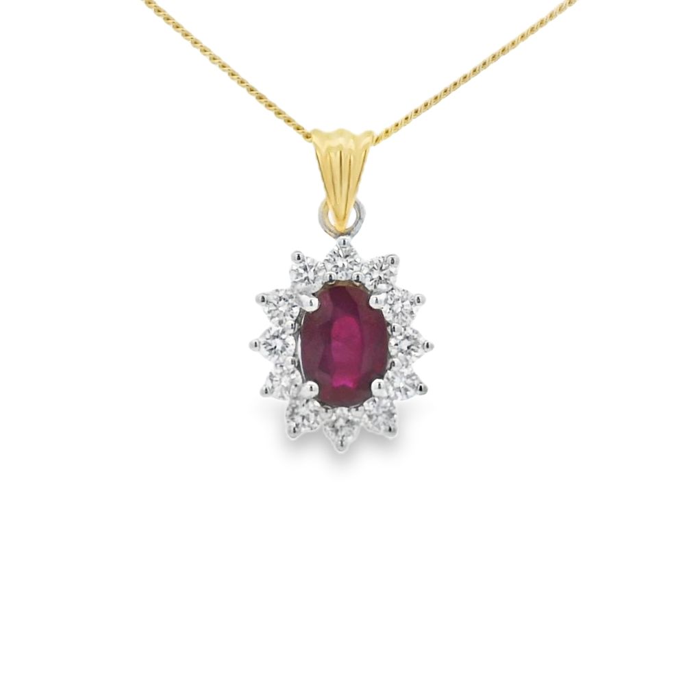 Ruby and Diamond Oval Shape Cluster 18ct Yellow & White Gold Pendant