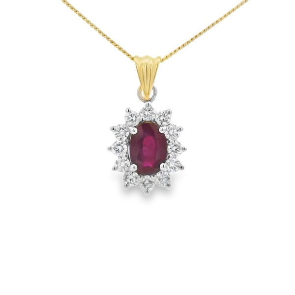 Ruby and Diamond Oval Shape Cluster 18ct Yellow & White Gold Pendant
