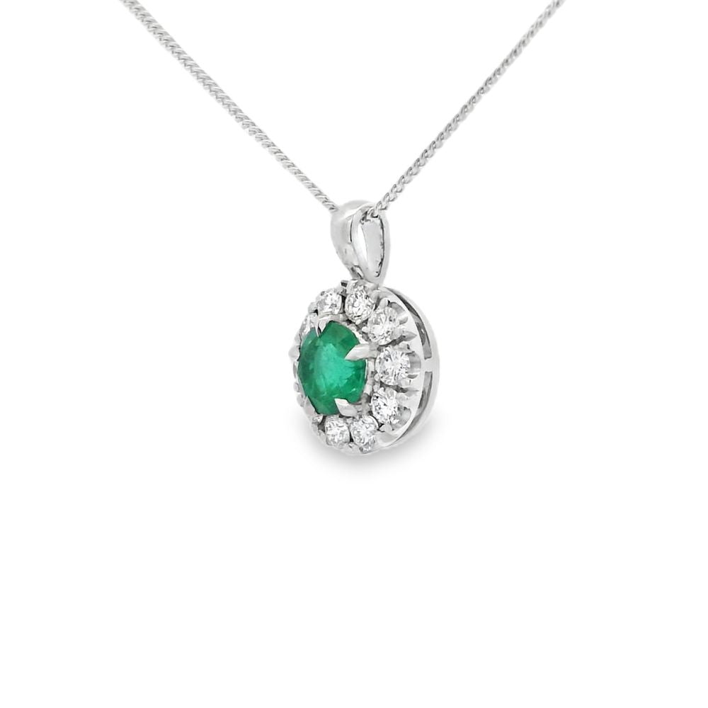 Emerald and Diamond 18ct White Gold Cluster Pendant