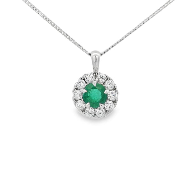 Emerald and Diamond 18ct White Gold Cluster Pendant