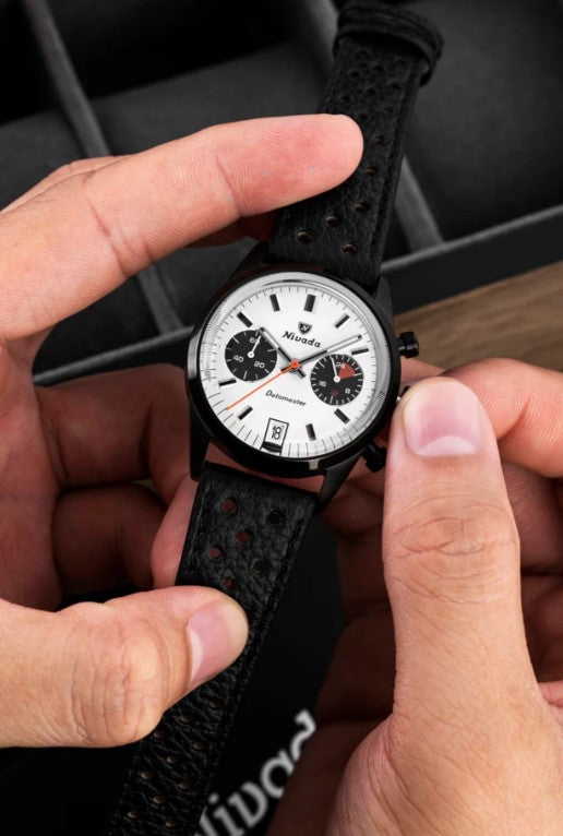Nivada Grenchen Datomaster 36mm Black Mecaquartz Racing Strap Limited Edition Watch 88008Q10