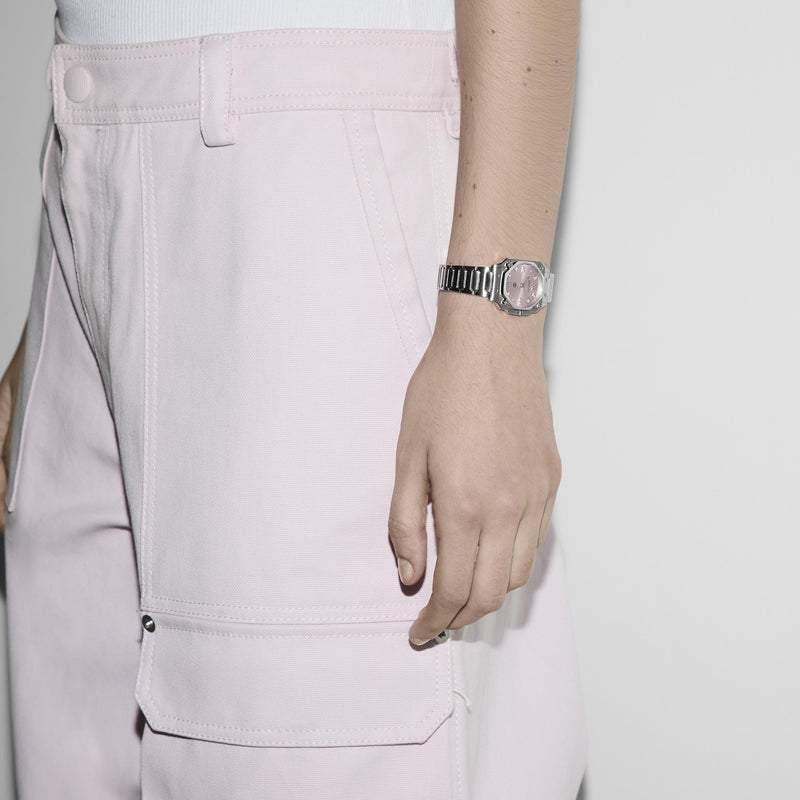 Gucci G-Flat Stainless Steel 24mm Pink Diamond Watch YA166501