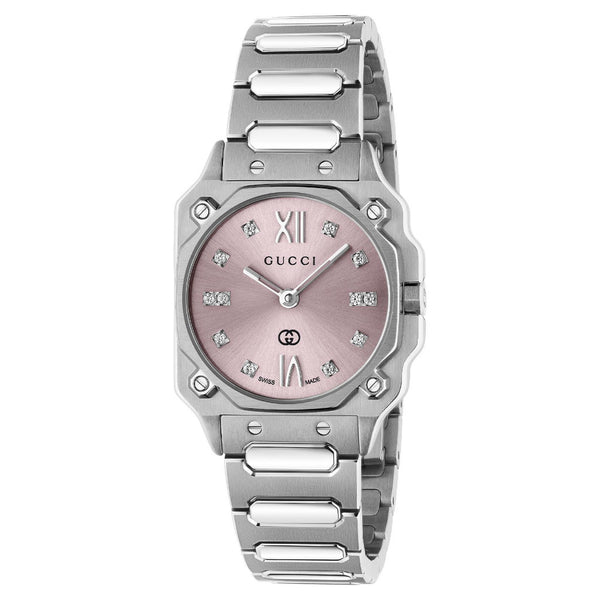 Gucci G-Flat Stainless Steel 24mm Pink Diamond Watch YA166501