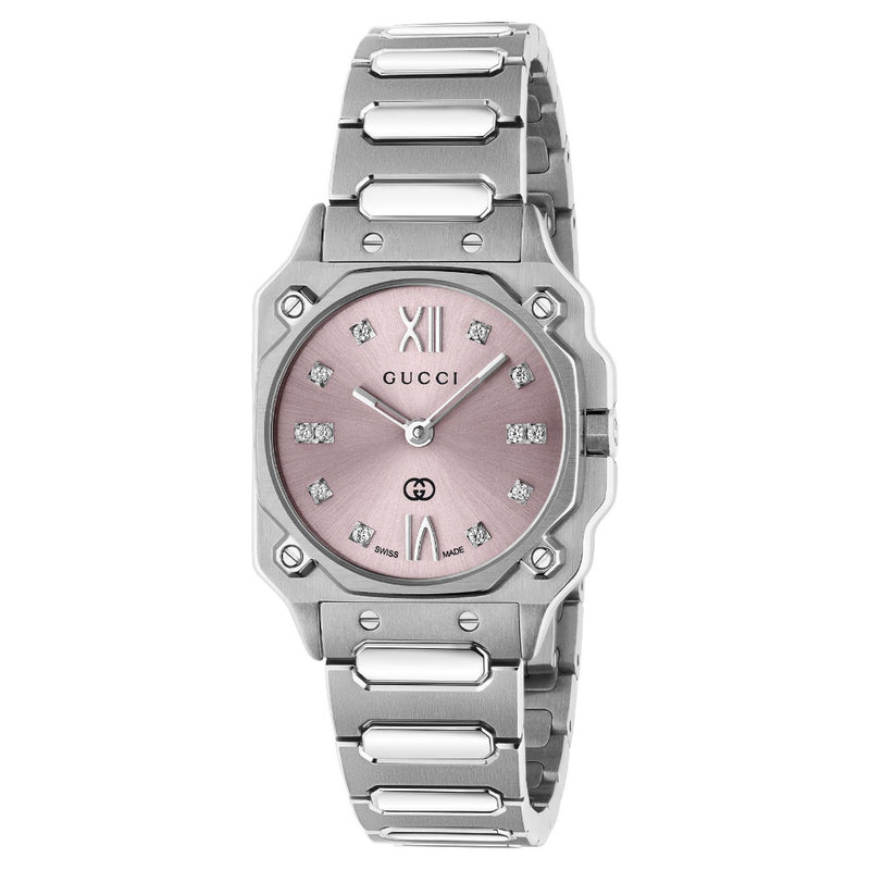 Gucci G-Flat Stainless Steel 24mm Pink Diamond Watch YA166501