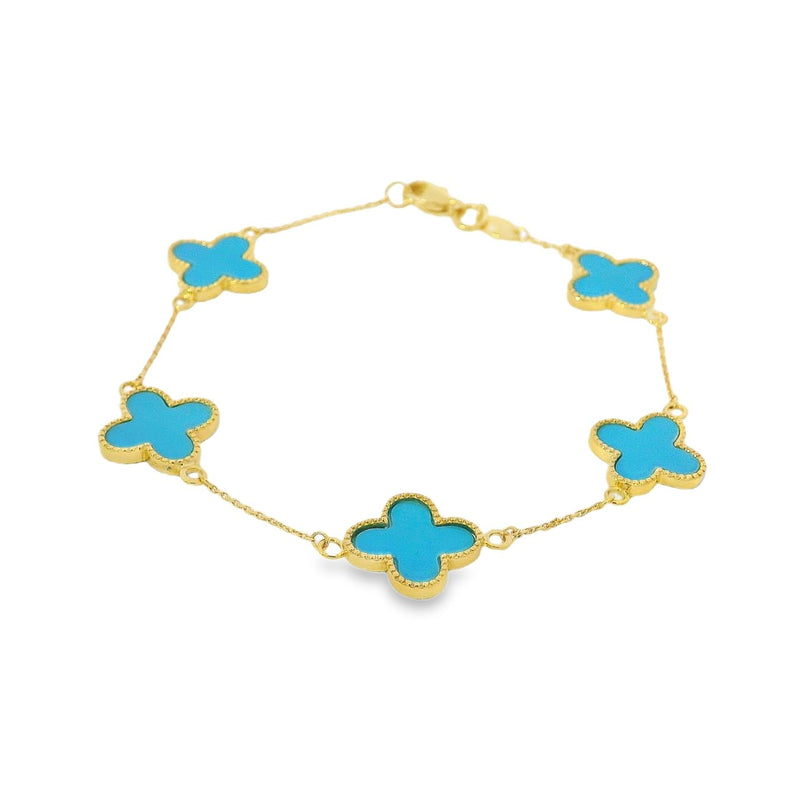 Turquoise Large Clover 9ct Yellow Gold Bracelet