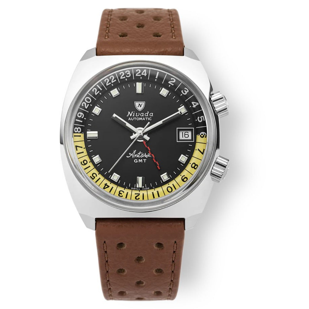 Nivada Grenchen Antarctic GMT Black, Brown Leather Strap 36mm Watch 32043A23
