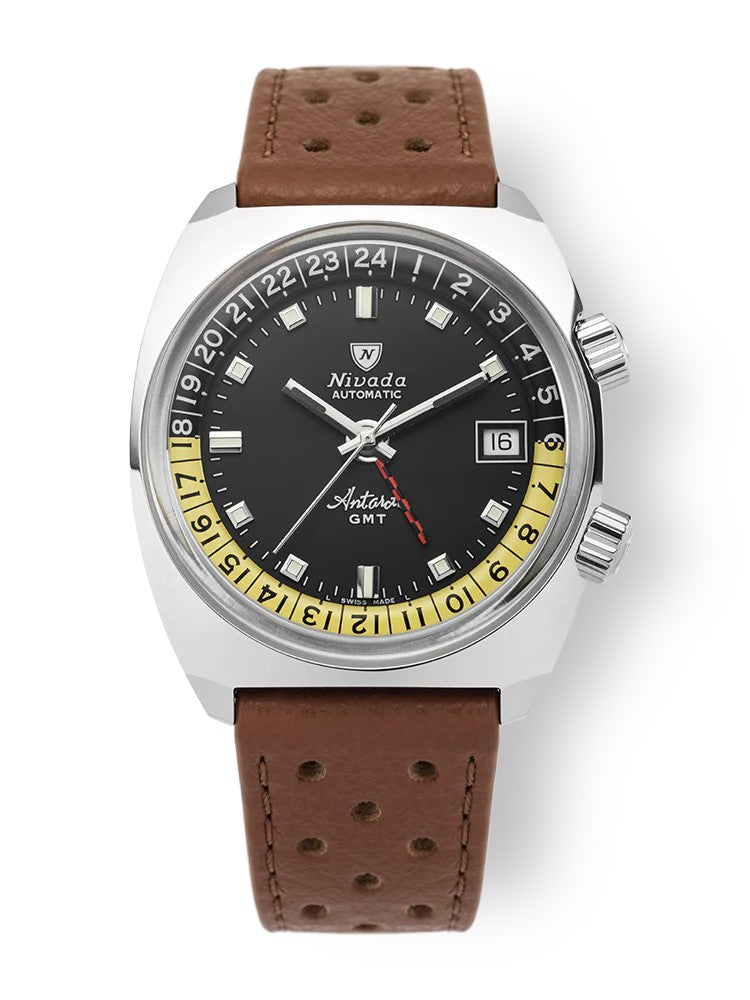Nivada Grenchen Antarctic GMT Black, Brown Leather Strap 36mm Watch 32043A23