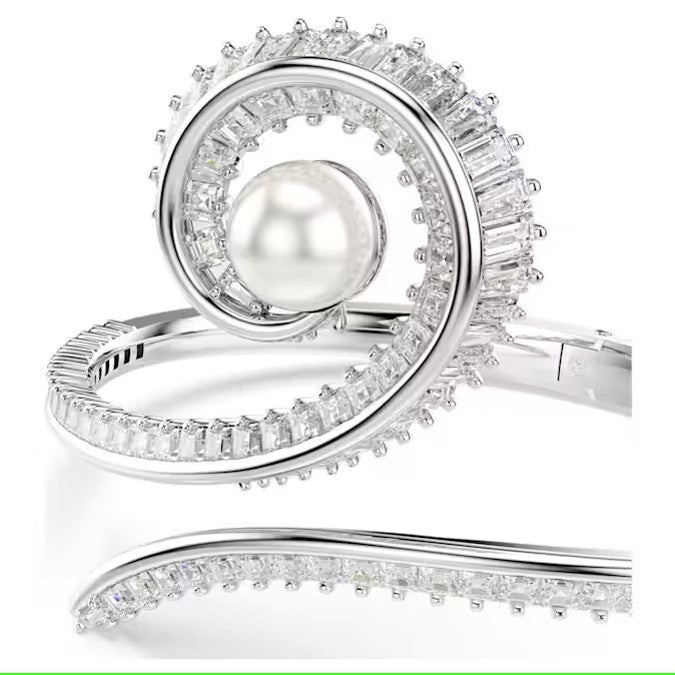 Swarovski Ariana Grande x Swarovski bangle, Crystal pearl, Baguette cut, White, Rhodium plated