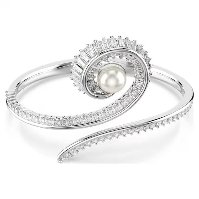 Swarovski Ariana Grande x Swarovski bangle, Crystal pearl, Baguette cut, White, Rhodium plated